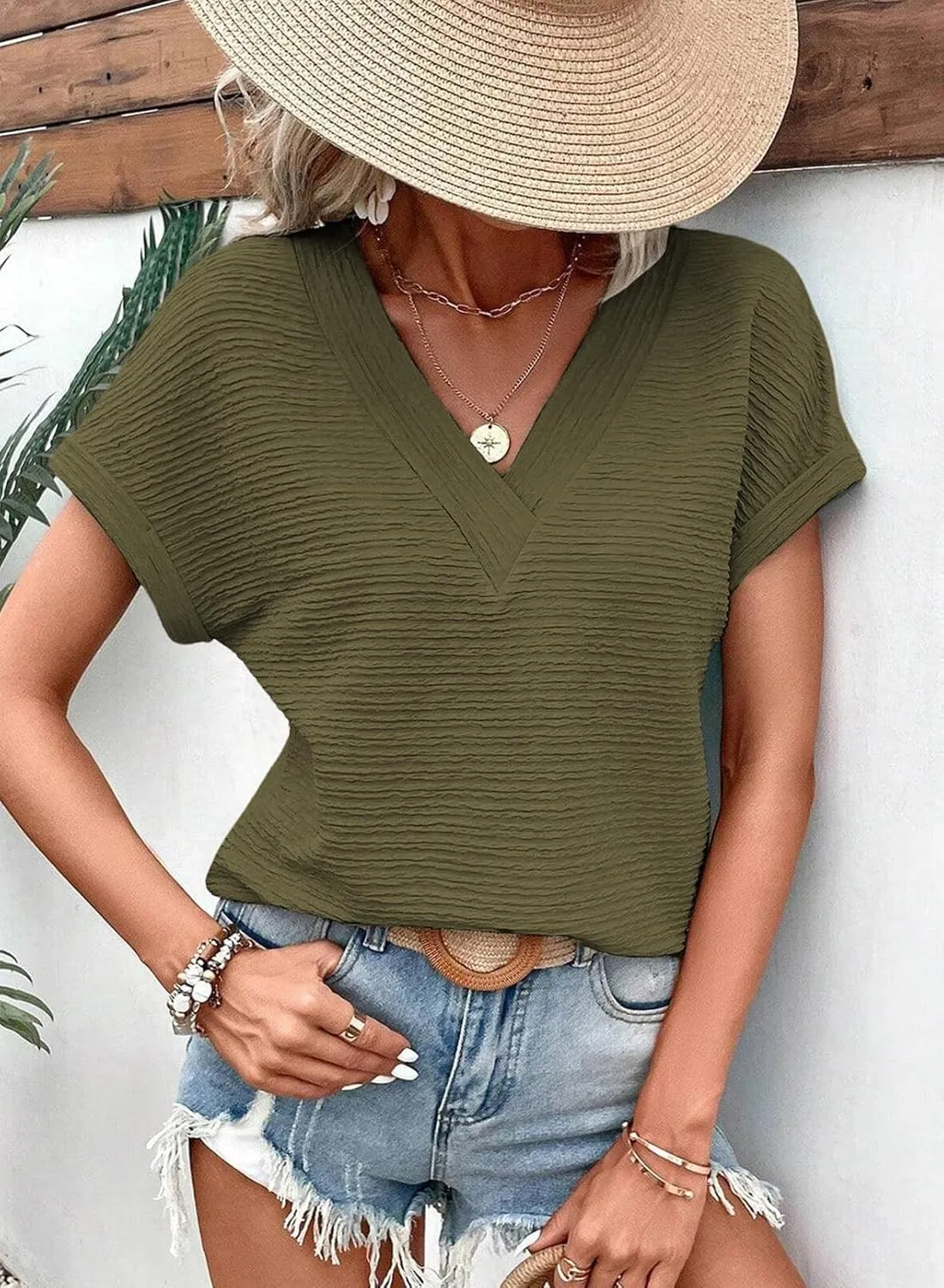 Samefar Womens Tops Dressy Casual V Neck Short Cap Sleeve Shirts Rib Texture Loose Blouses Tee Cute Clothes Trendy