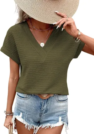 Samefar Womens Tops Dressy Casual V Neck Short Cap Sleeve Shirts Rib Texture Loose Blouses Tee Cute Clothes Trendy
