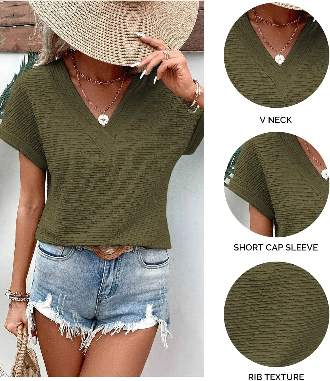 Samefar Womens Tops Dressy Casual V Neck Short Cap Sleeve Shirts Rib Texture Loose Blouses Tee Cute Clothes Trendy