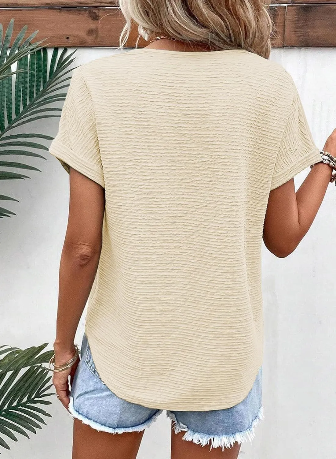 Samefar Womens Tops Dressy Casual V Neck Short Cap Sleeve Shirts Rib Texture Loose Blouses Tee Cute Clothes Trendy
