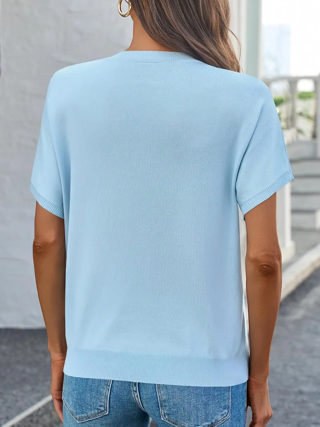 Saodimallsu Womens Short Sleeve Sweater Casual Basic Crew Neck Loose Knit Pullover Tops Summer Lightweight Blouses