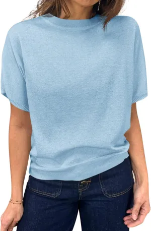 Saodimallsu Womens Short Sleeve Sweater Casual Basic Crew Neck Loose Knit Pullover Tops Summer Lightweight Blouses