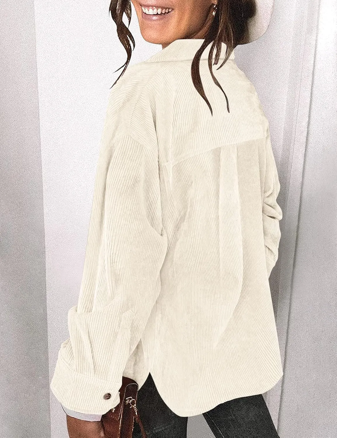 Saslax Womens Corduroy Shirt Long Sleeve Oversized Button Up V Neck Blouses Tops Loose Shacket Jacket