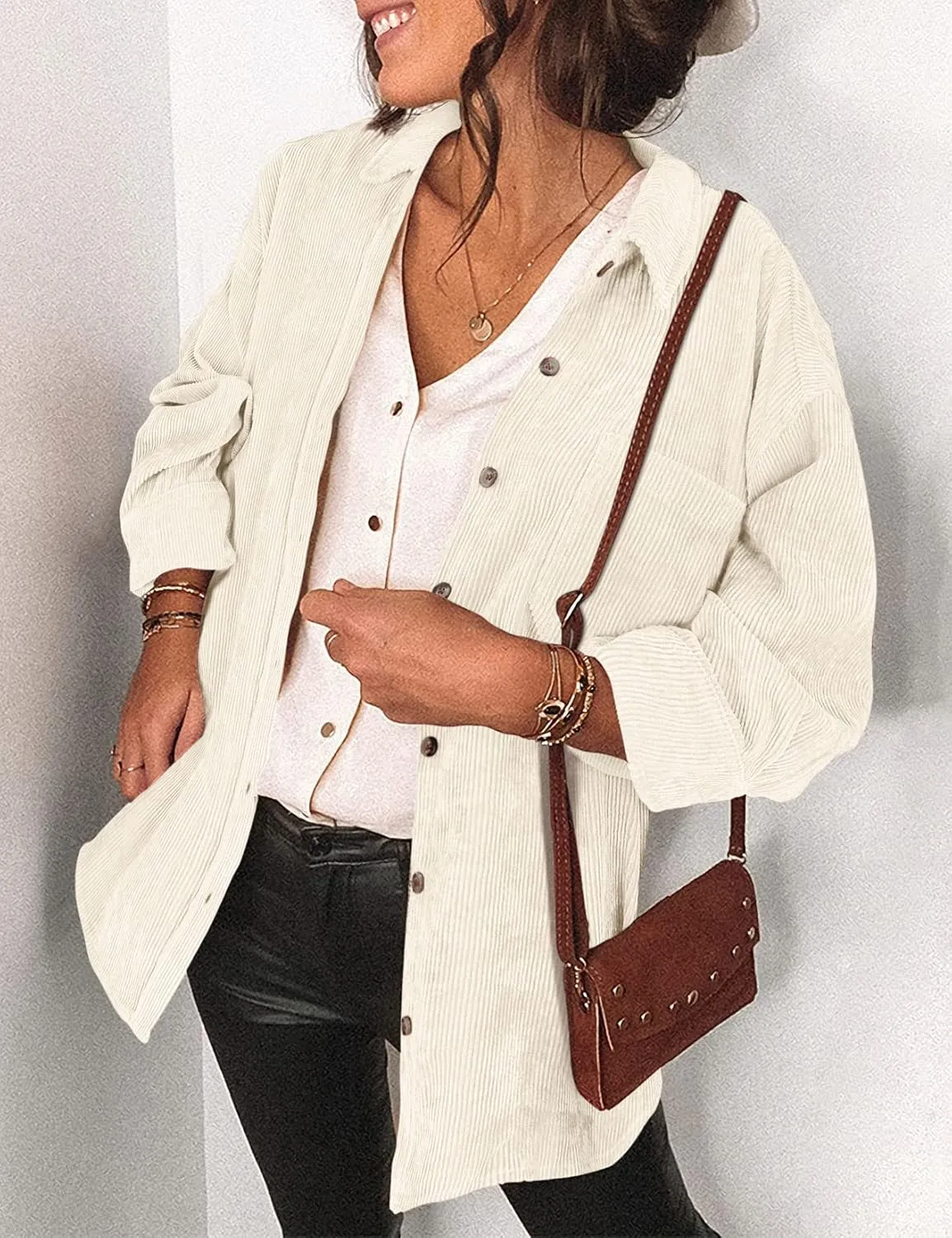 Saslax Womens Corduroy Shirt Long Sleeve Oversized Button Up V Neck Blouses Tops Loose Shacket Jacket