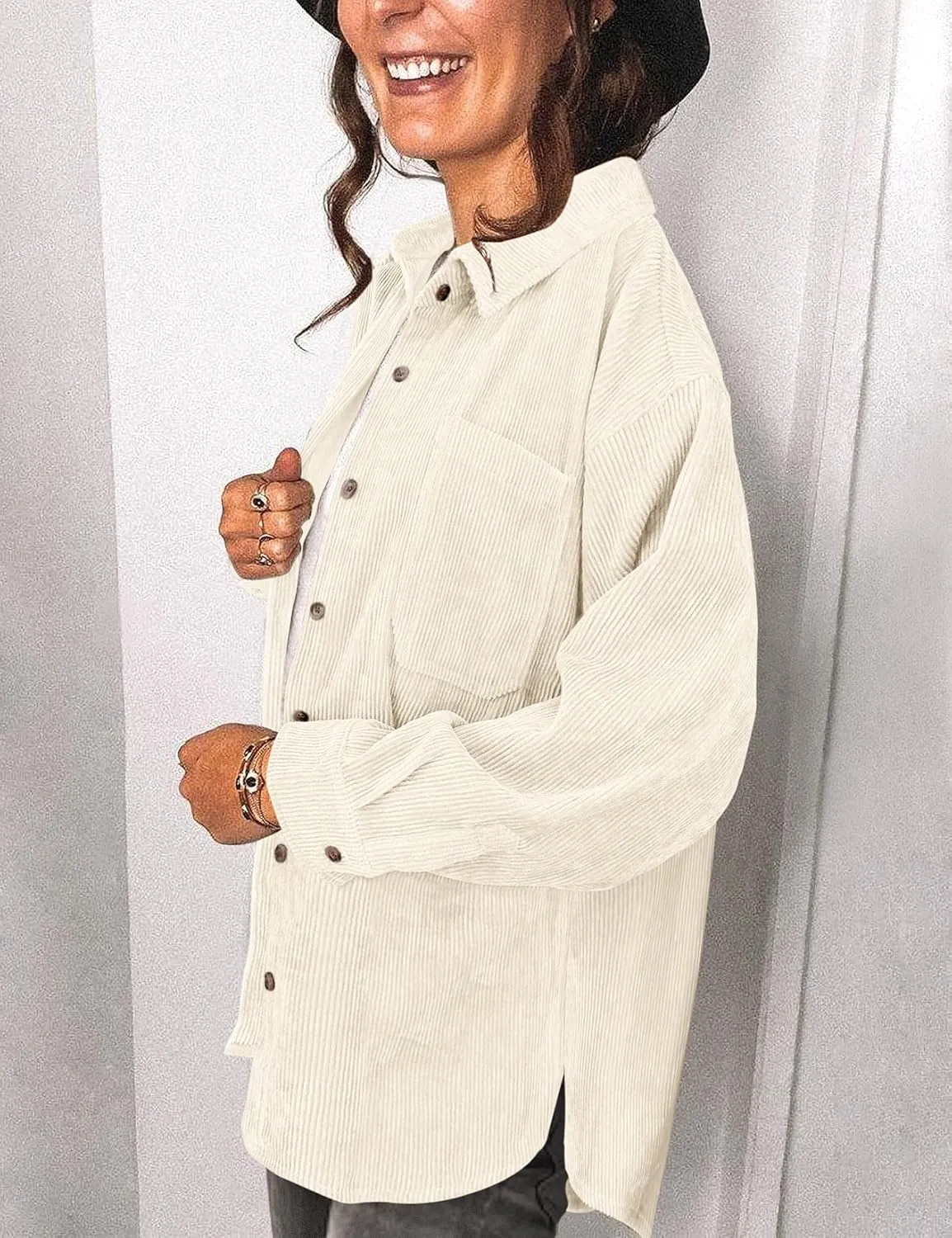 Saslax Womens Corduroy Shirt Long Sleeve Oversized Button Up V Neck Blouses Tops Loose Shacket Jacket