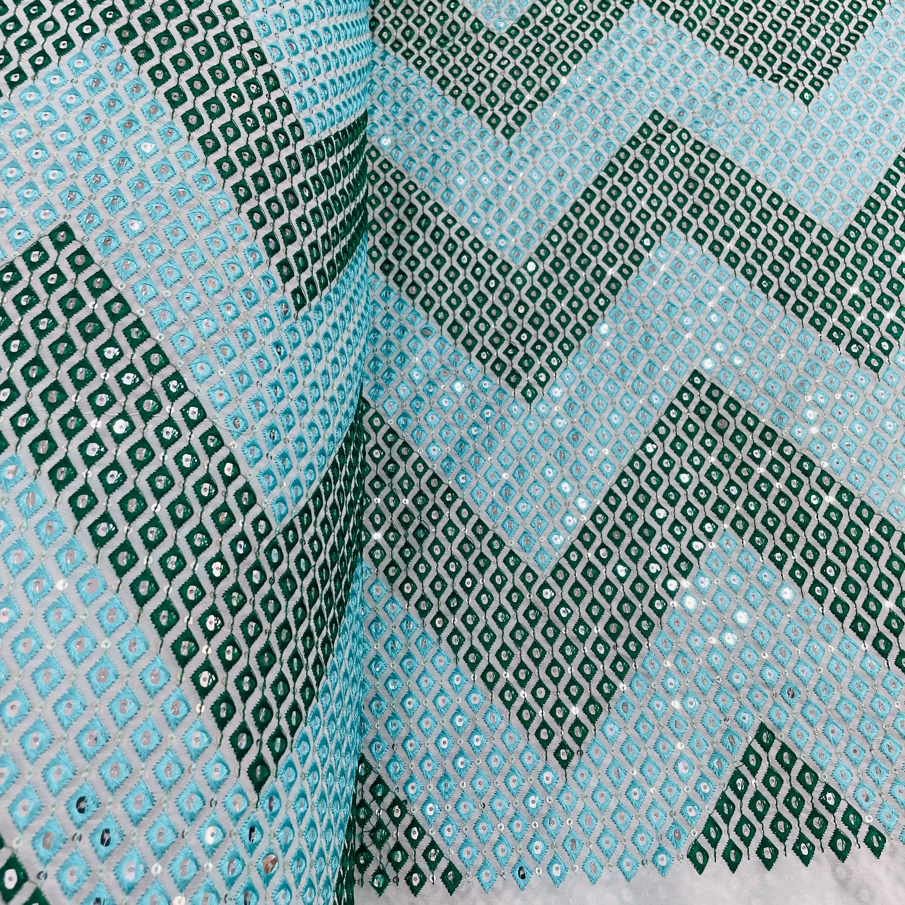 Sea Blue & Dark Green Chevron Mirror Embroidery Georgette Fabric