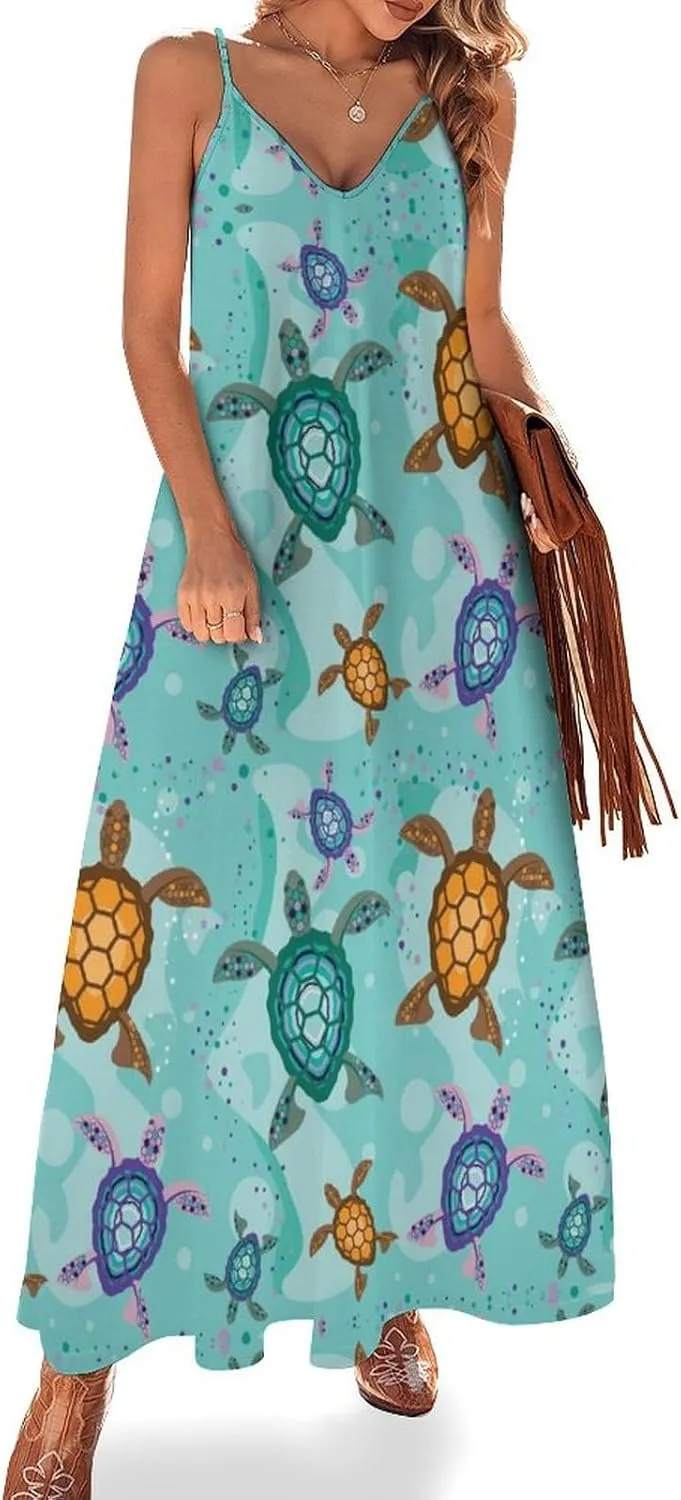 Sea Turtle Long Dress Womans Fashion Shirt Dresses V Neck Wrap Maxi Skirts Beach Frock Travel Dresses