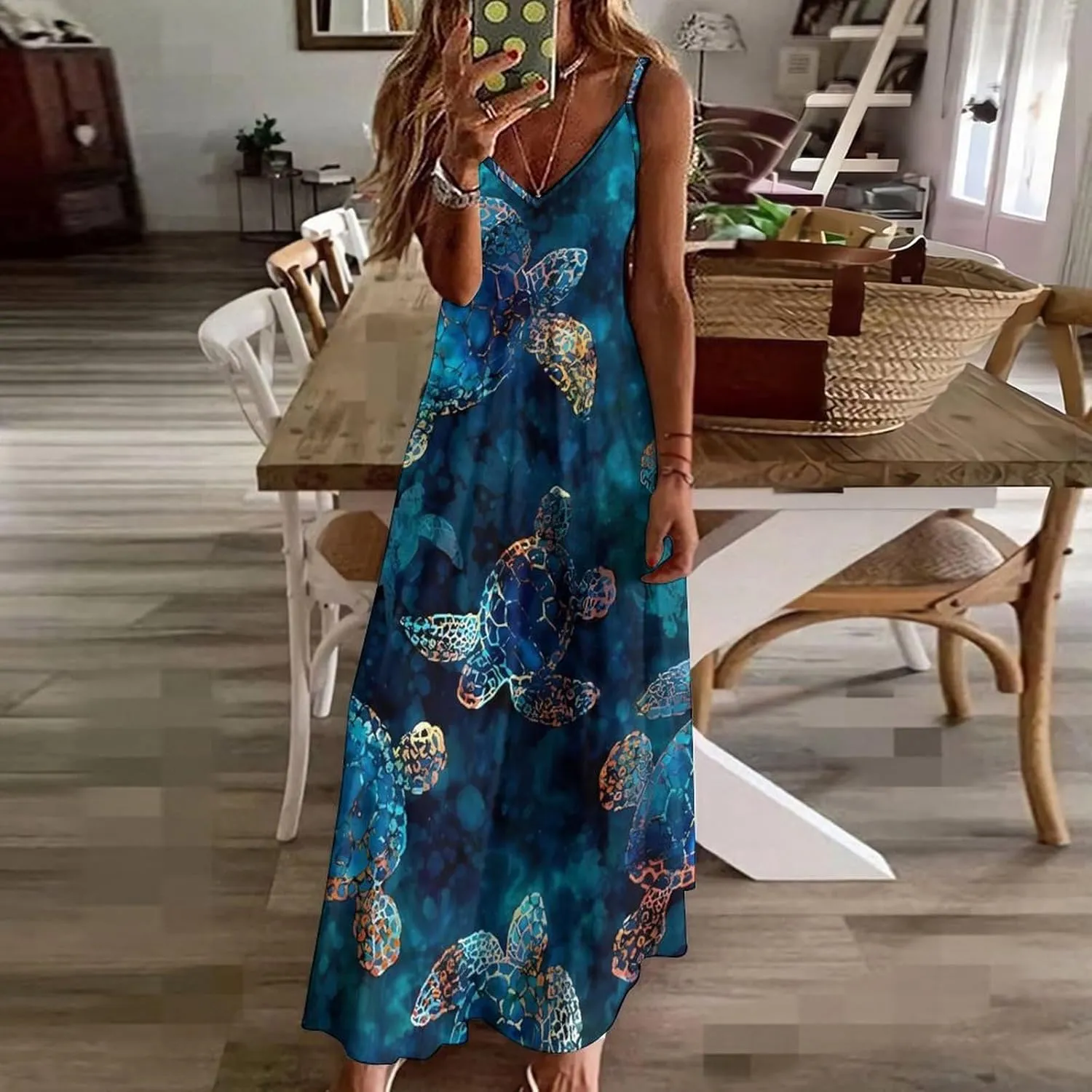 Sea Turtle Long Dress Womans Fashion Shirt Dresses V Neck Wrap Maxi Skirts Beach Frock Travel Dresses