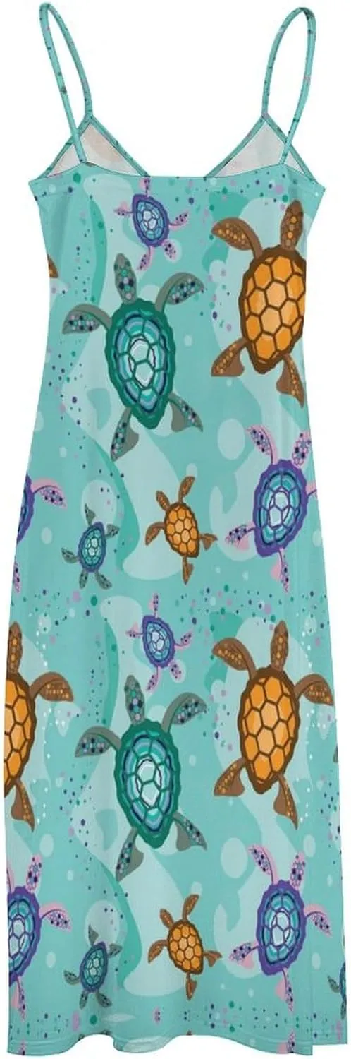 Sea Turtle Long Dress Womans Fashion Shirt Dresses V Neck Wrap Maxi Skirts Beach Frock Travel Dresses