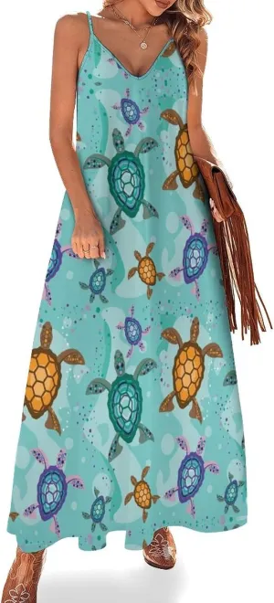 Sea Turtle Long Dress Womans Fashion Shirt Dresses V Neck Wrap Maxi Skirts Beach Frock Travel Dresses