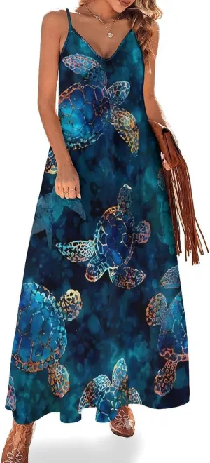 Sea Turtle Long Dress Womans Fashion Shirt Dresses V Neck Wrap Maxi Skirts Beach Frock Travel Dresses