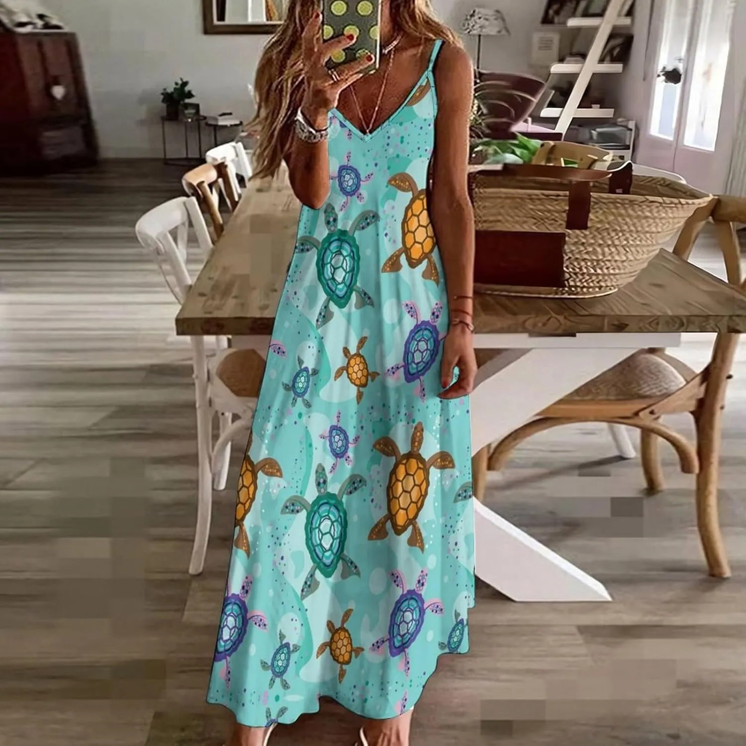 Sea Turtle Long Dress Womans Fashion Shirt Dresses V Neck Wrap Maxi Skirts Beach Frock Travel Dresses
