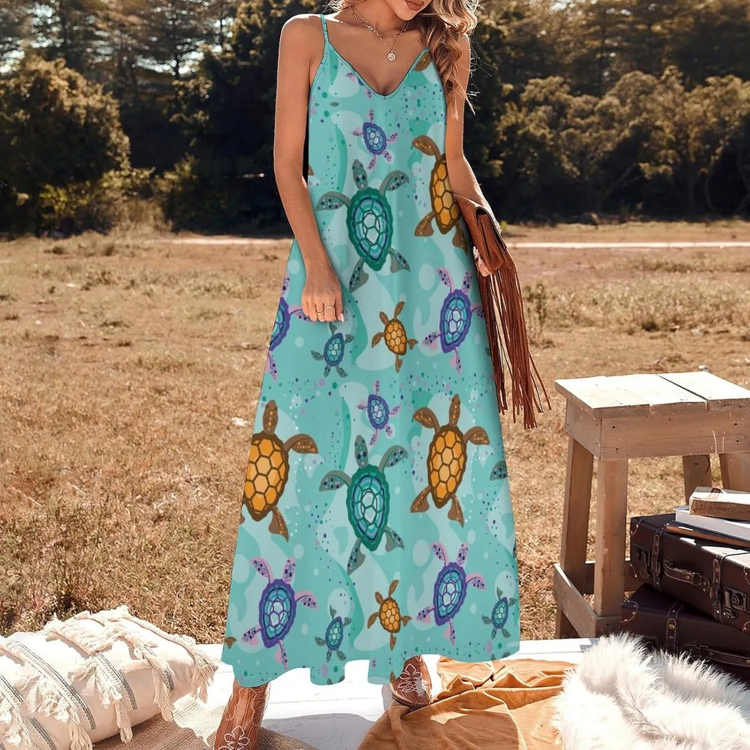 Sea Turtle Long Dress Womans Fashion Shirt Dresses V Neck Wrap Maxi Skirts Beach Frock Travel Dresses