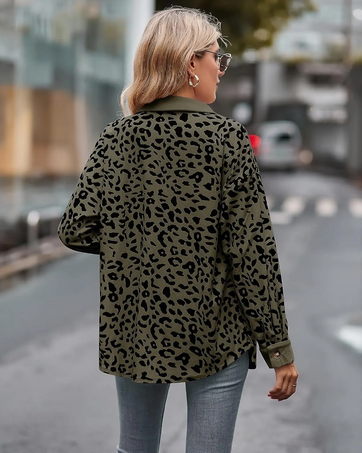 Shackets for Women 2024 Corduroy Leopard Jacket Button Down Long Sleeve Blouses Lightweight Fall Jacket Casual Coat