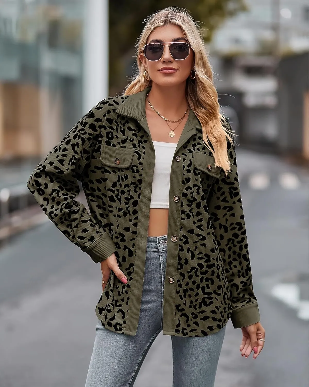 Shackets for Women 2024 Corduroy Leopard Jacket Button Down Long Sleeve Blouses Lightweight Fall Jacket Casual Coat