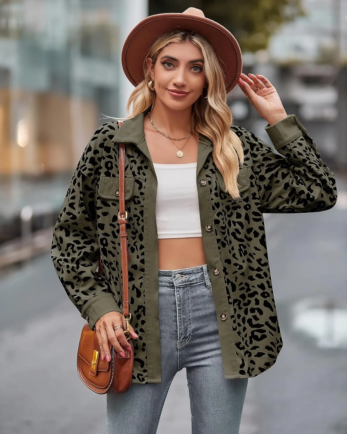 Shackets for Women 2024 Corduroy Leopard Jacket Button Down Long Sleeve Blouses Lightweight Fall Jacket Casual Coat
