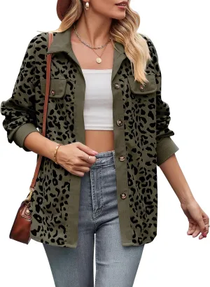 Shackets for Women 2024 Corduroy Leopard Jacket Button Down Long Sleeve Blouses Lightweight Fall Jacket Casual Coat