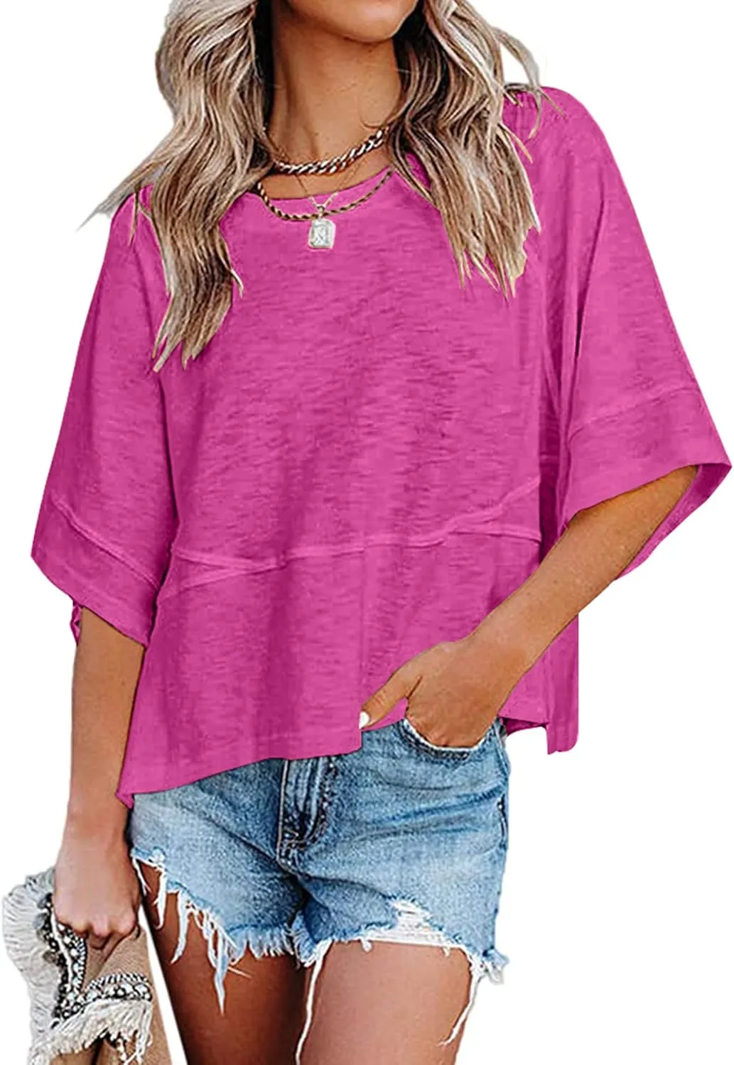 Sherosa Womens Casual Crewneck Half Sleeve T-Shirts Solid Color Loose Fit Summer Basic Tops Tees Blouses