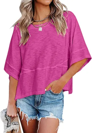 Sherosa Womens Casual Crewneck Half Sleeve T-Shirts Solid Color Loose Fit Summer Basic Tops Tees Blouses