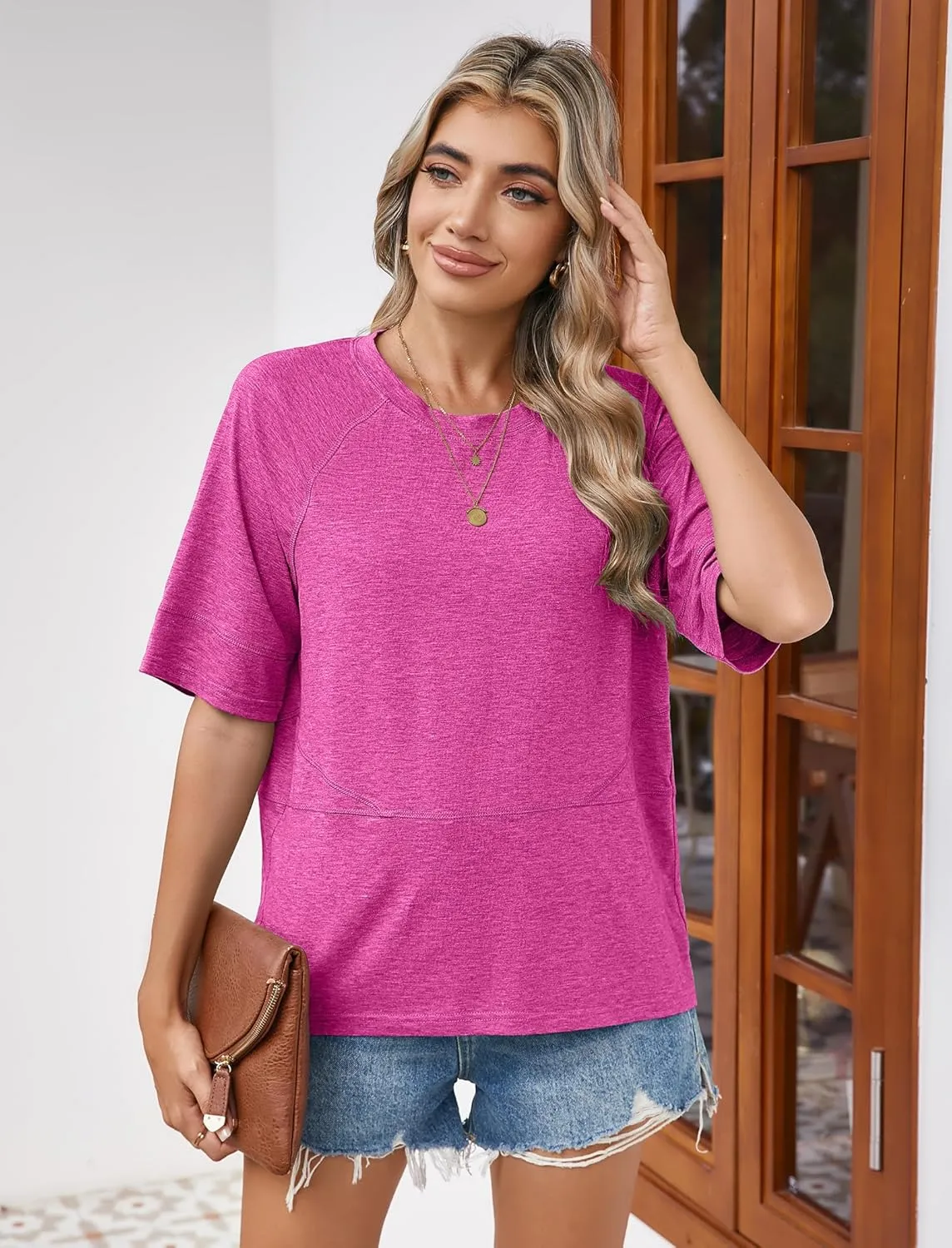 Sherosa Womens Casual Crewneck Half Sleeve T-Shirts Solid Color Loose Fit Summer Basic Tops Tees Blouses