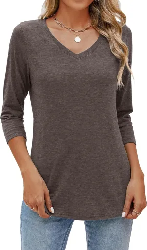 Sherosa Womens V Neck 3/4 Sleeve T Shirts Loose Fit Shirts Casual Solid Basic Tops Tees Blouses