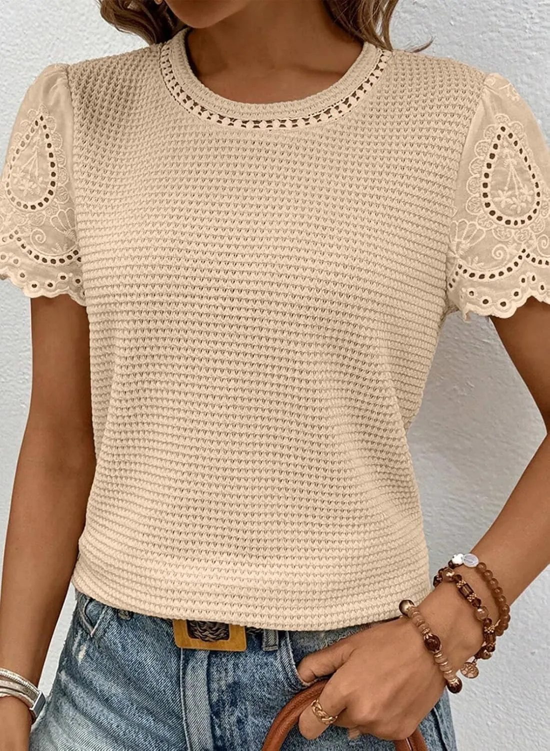 SHEWIN Womens Frenchy Summer Tops Crewneck Short Sleeve T Shirts Casual Waffle Knit Jacquard Blouses Top Shirts