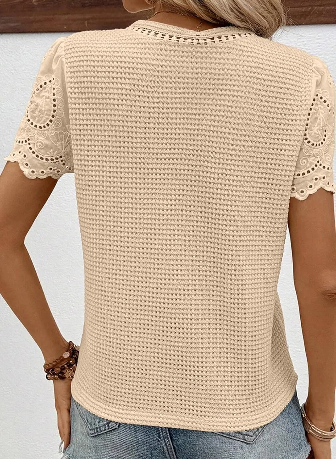 SHEWIN Womens Frenchy Summer Tops Crewneck Short Sleeve T Shirts Casual Waffle Knit Jacquard Blouses Top Shirts