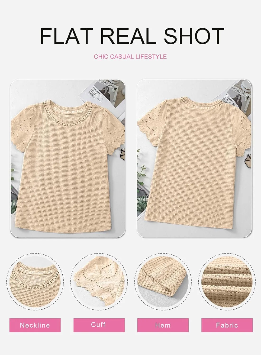 SHEWIN Womens Frenchy Summer Tops Crewneck Short Sleeve T Shirts Casual Waffle Knit Jacquard Blouses Top Shirts