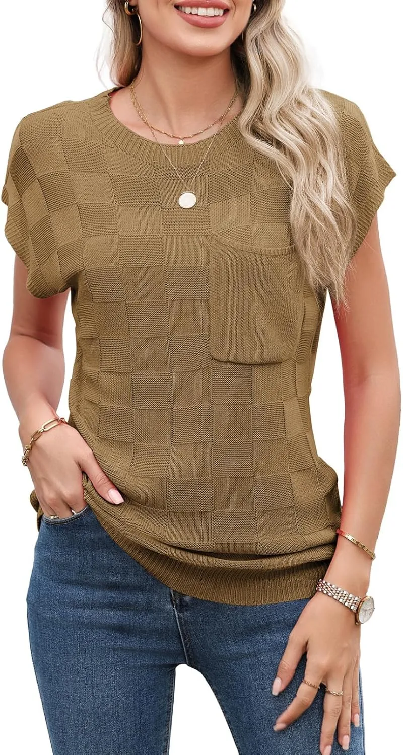 SHEWIN Womens Summer Cap Sleeve Tops Casual Crewneck Knit Short Sleeve Sweater Loose Fit Lightweight Shirts