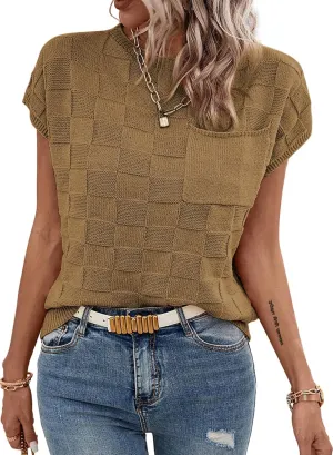 SHEWIN Womens Summer Cap Sleeve Tops Casual Crewneck Knit Short Sleeve Sweater Loose Fit Lightweight Shirts