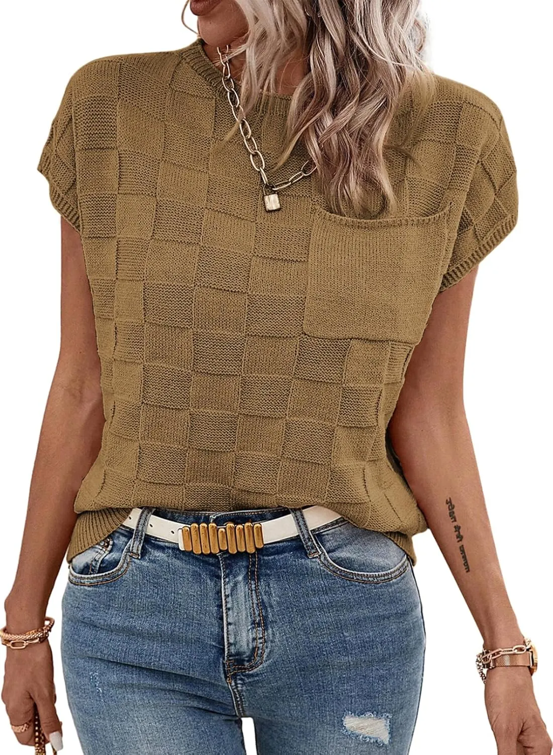 SHEWIN Womens Summer Cap Sleeve Tops Casual Crewneck Knit Short Sleeve Sweater Loose Fit Lightweight Shirts