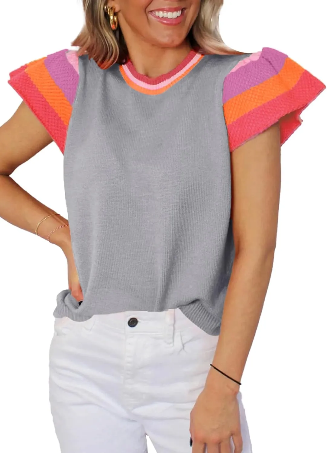 SHEWIN Womens Summer Cap Sleeve Tops Casual Crewneck Loose Fit Knit Lightweight Sweater Pullover Top