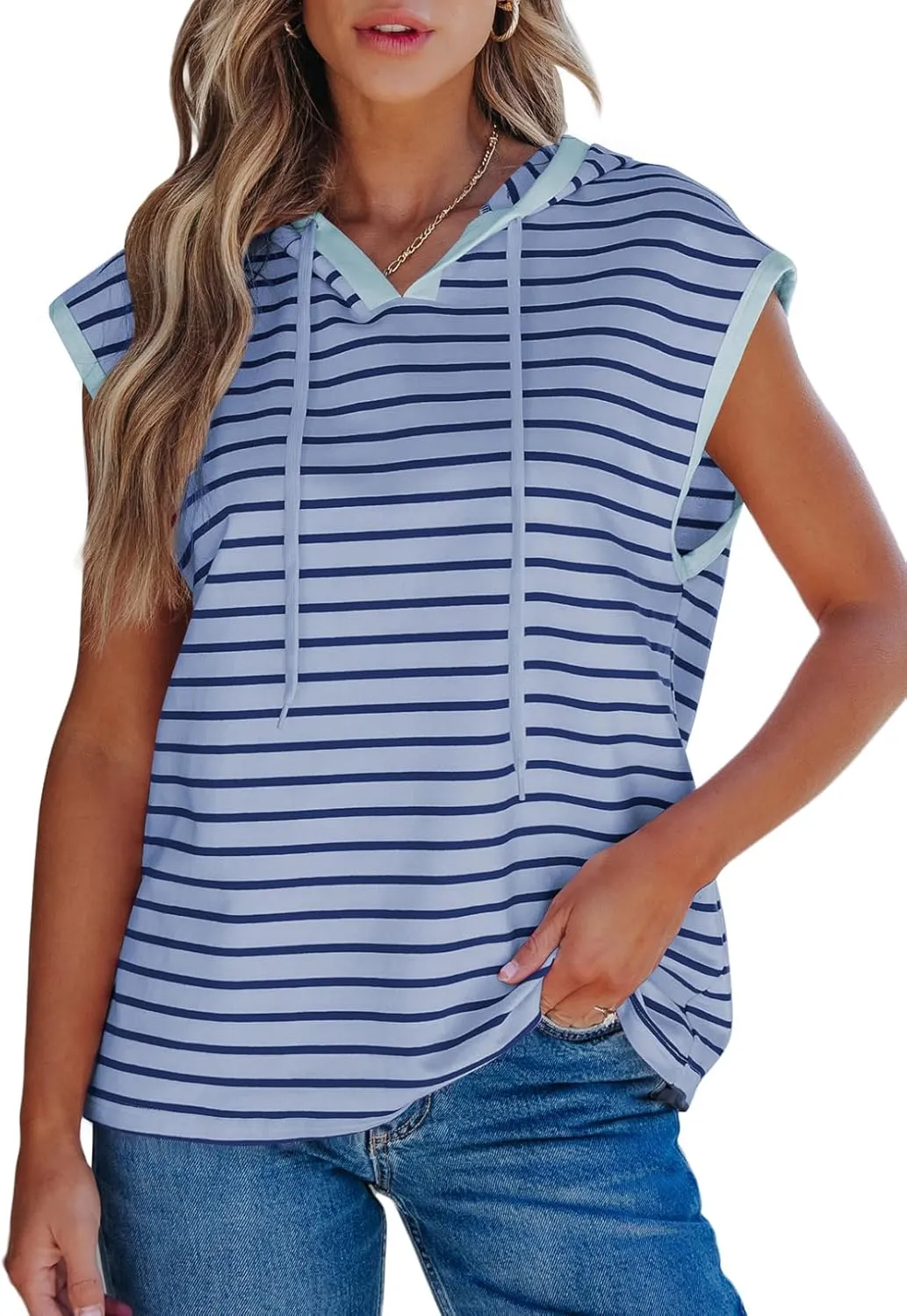 SHEWIN Womens Summer Striped Hooded Cap Sleeve Tops Lightweight Drawstring Hoodies V Neck Casual Blouses Shirts