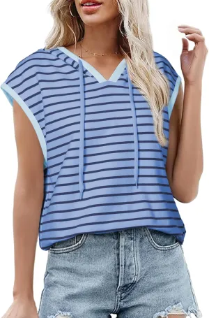 SHEWIN Womens Summer Striped Hooded Cap Sleeve Tops Lightweight Drawstring Hoodies V Neck Casual Blouses Shirts
