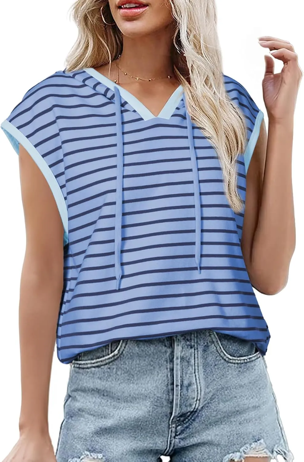 SHEWIN Womens Summer Striped Hooded Cap Sleeve Tops Lightweight Drawstring Hoodies V Neck Casual Blouses Shirts