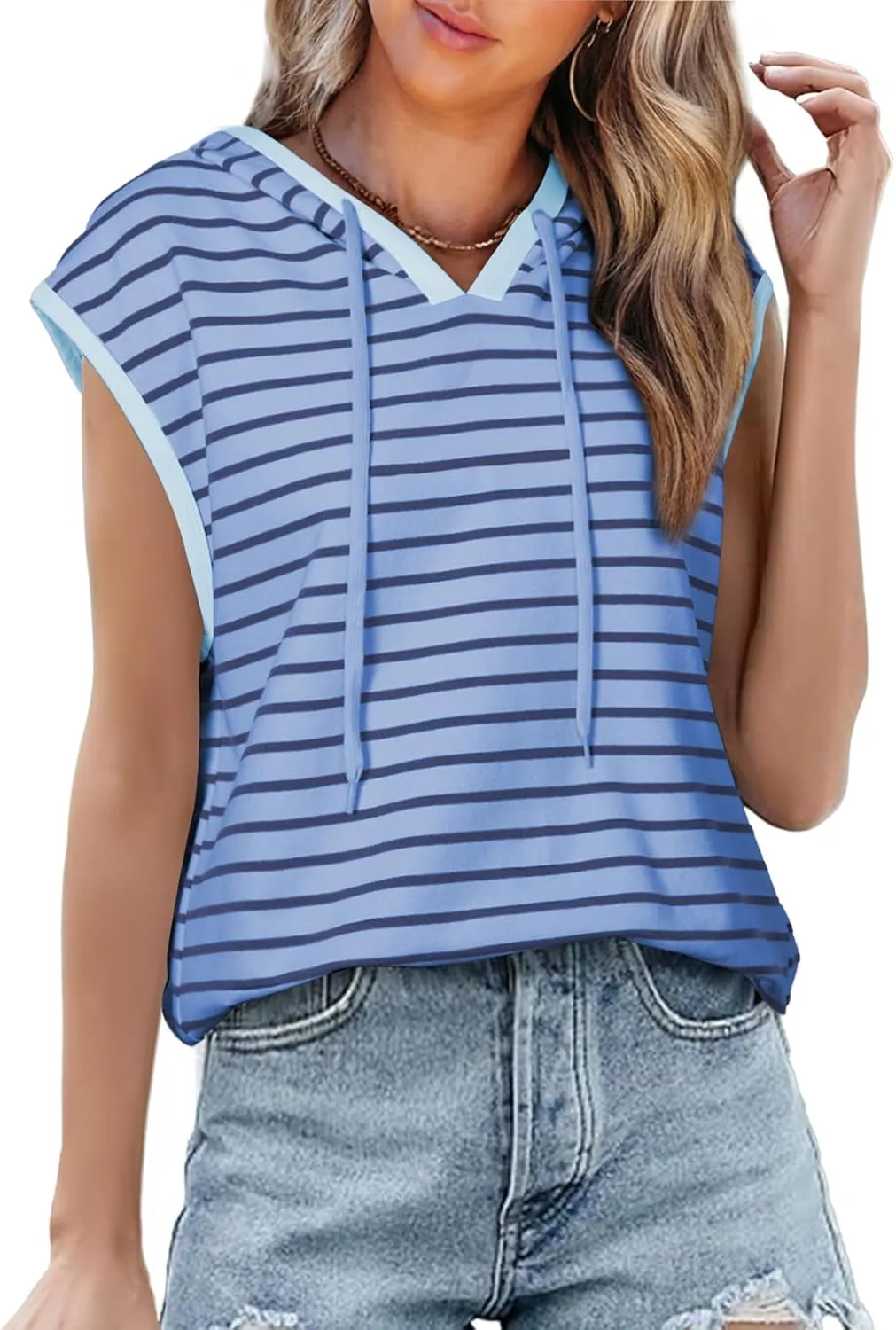 SHEWIN Womens Summer Striped Hooded Cap Sleeve Tops Lightweight Drawstring Hoodies V Neck Casual Blouses Shirts