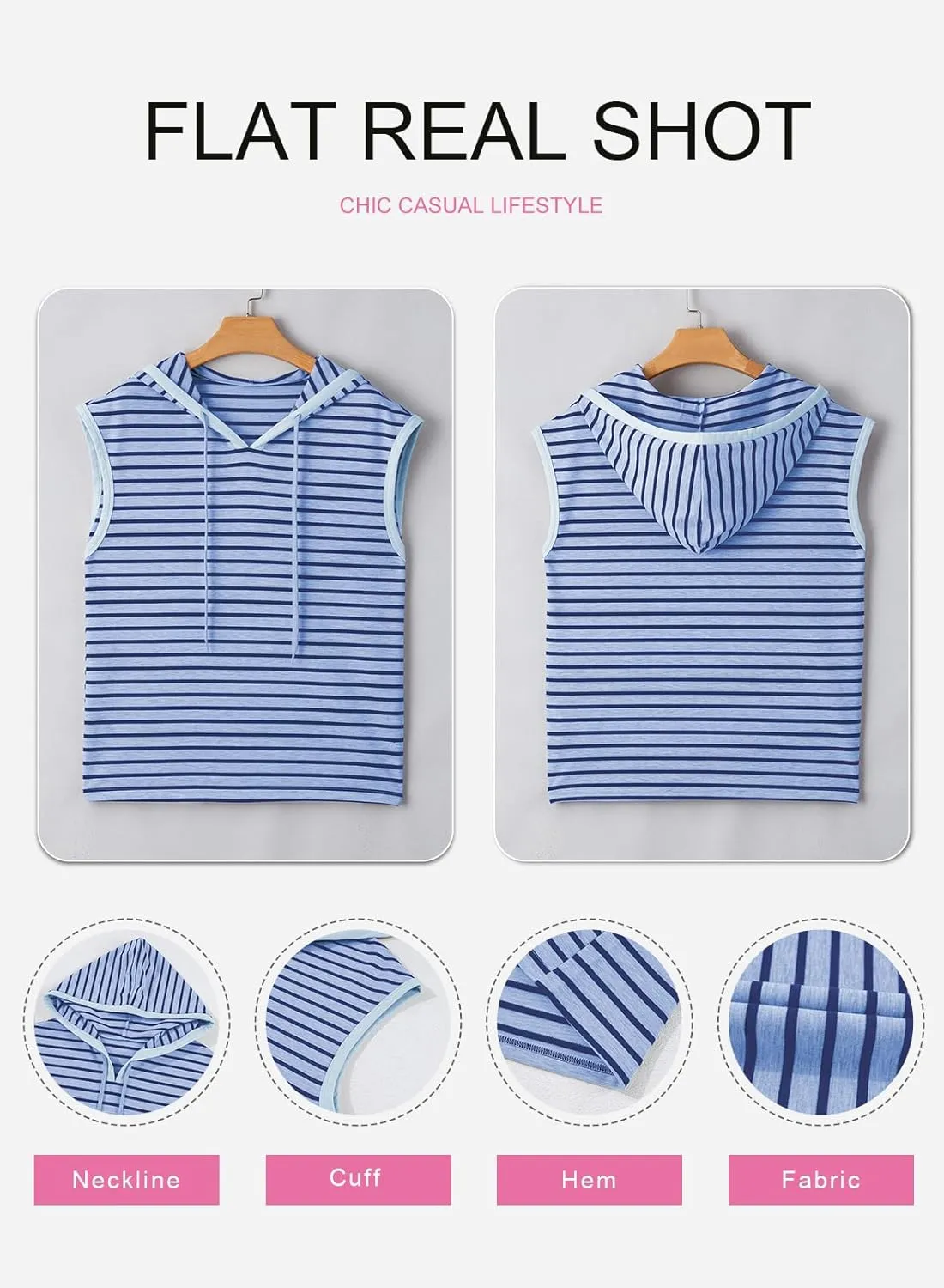 SHEWIN Womens Summer Striped Hooded Cap Sleeve Tops Lightweight Drawstring Hoodies V Neck Casual Blouses Shirts