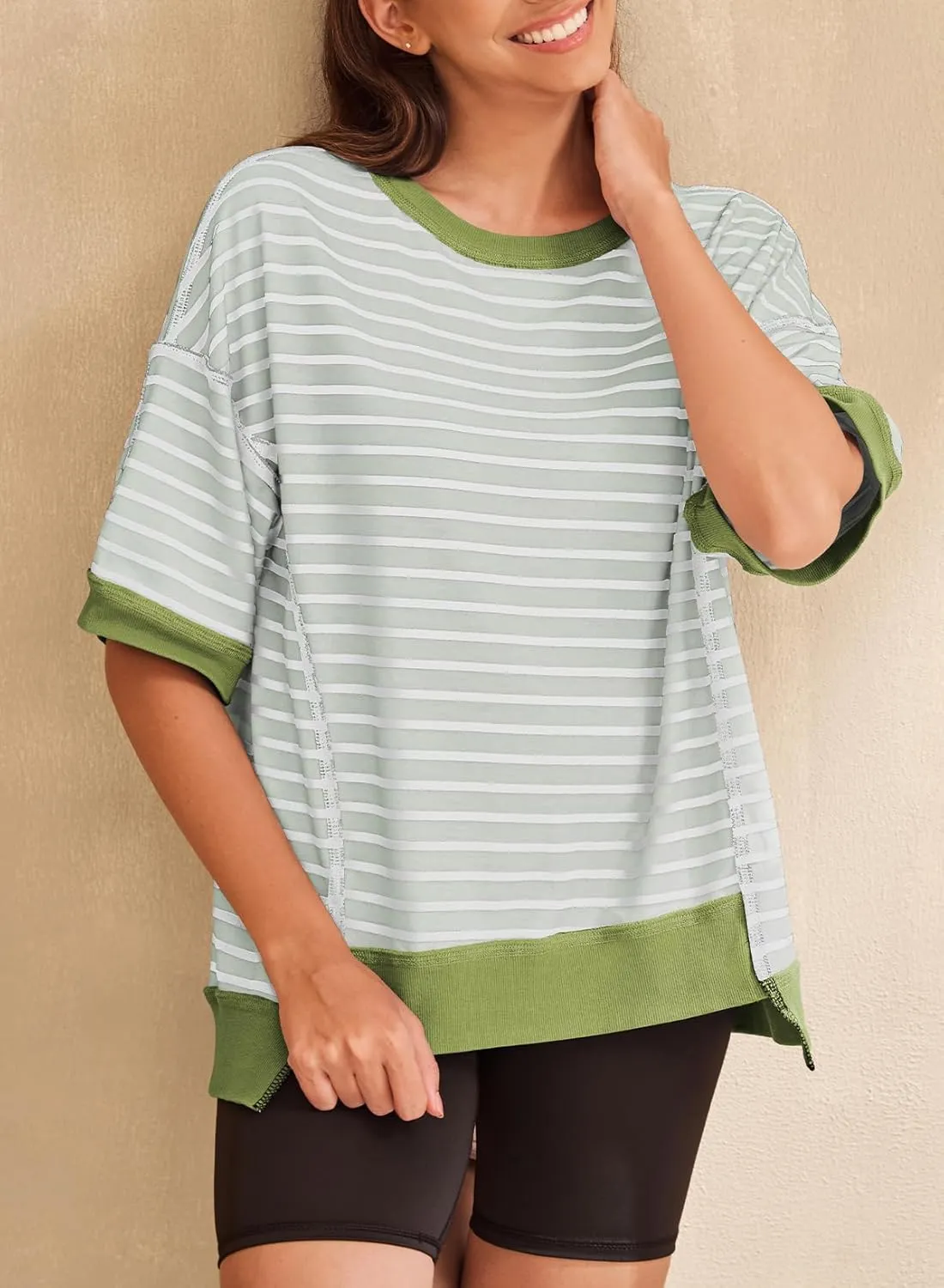 SHEWIN Womens Tops Casual Short Sleeve Sweatshirt Striped Shirt Crewneck Pullover T Shirts Loose Blouses