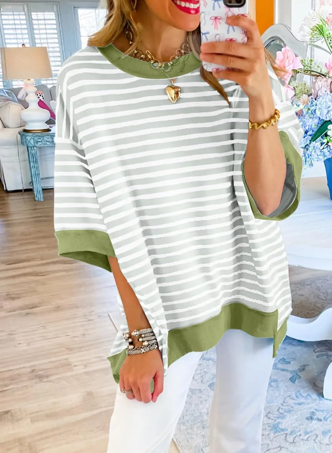 SHEWIN Womens Tops Casual Short Sleeve Sweatshirt Striped Shirt Crewneck Pullover T Shirts Loose Blouses
