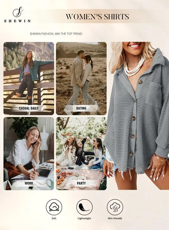 SHEWIN Women's Waffle Knit Button Down Shirts Casual Long Sleeve Shacket Jacket Boyfriend Tops Blouses Loose Fit