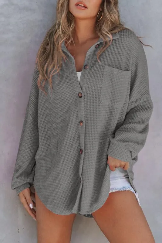 SHEWIN Women's Waffle Knit Button Down Shirts Casual Long Sleeve Shacket Jacket Boyfriend Tops Blouses Loose Fit