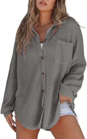 SHEWIN Women's Waffle Knit Button Down Shirts Casual Long Sleeve Shacket Jacket Boyfriend Tops Blouses Loose Fit