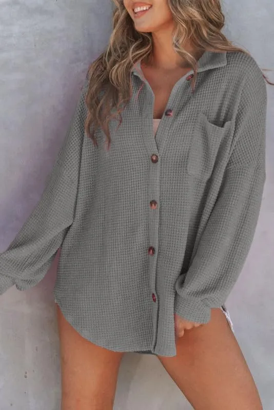 SHEWIN Women's Waffle Knit Button Down Shirts Casual Long Sleeve Shacket Jacket Boyfriend Tops Blouses Loose Fit