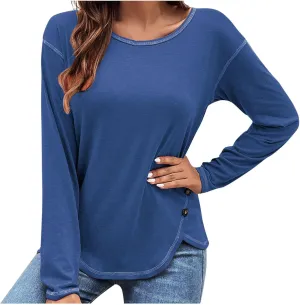 Shirts for Women Long Sleeve Crewneck Pullover Plain Tight Basic Tees Daily Workout Blouses Fashion Irregular Hem