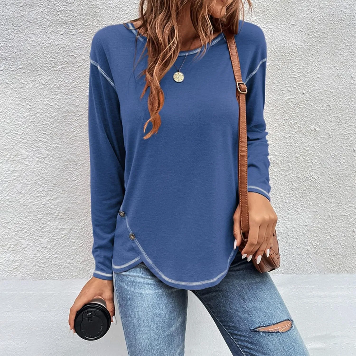Shirts for Women Long Sleeve Crewneck Pullover Plain Tight Basic Tees Daily Workout Blouses Fashion Irregular Hem