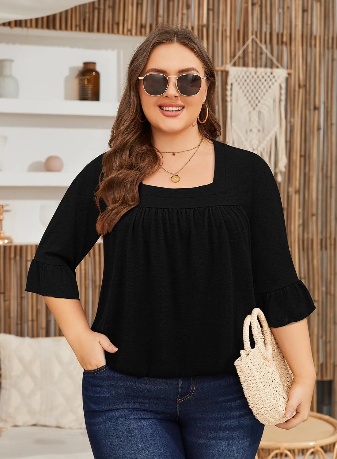 Siddhe Womens Plus Size Tops Loose Fit 3/4 Ruffle Sleeve Blouses Square Neck T Shirt Casual Tunic Tops(1X-5X)