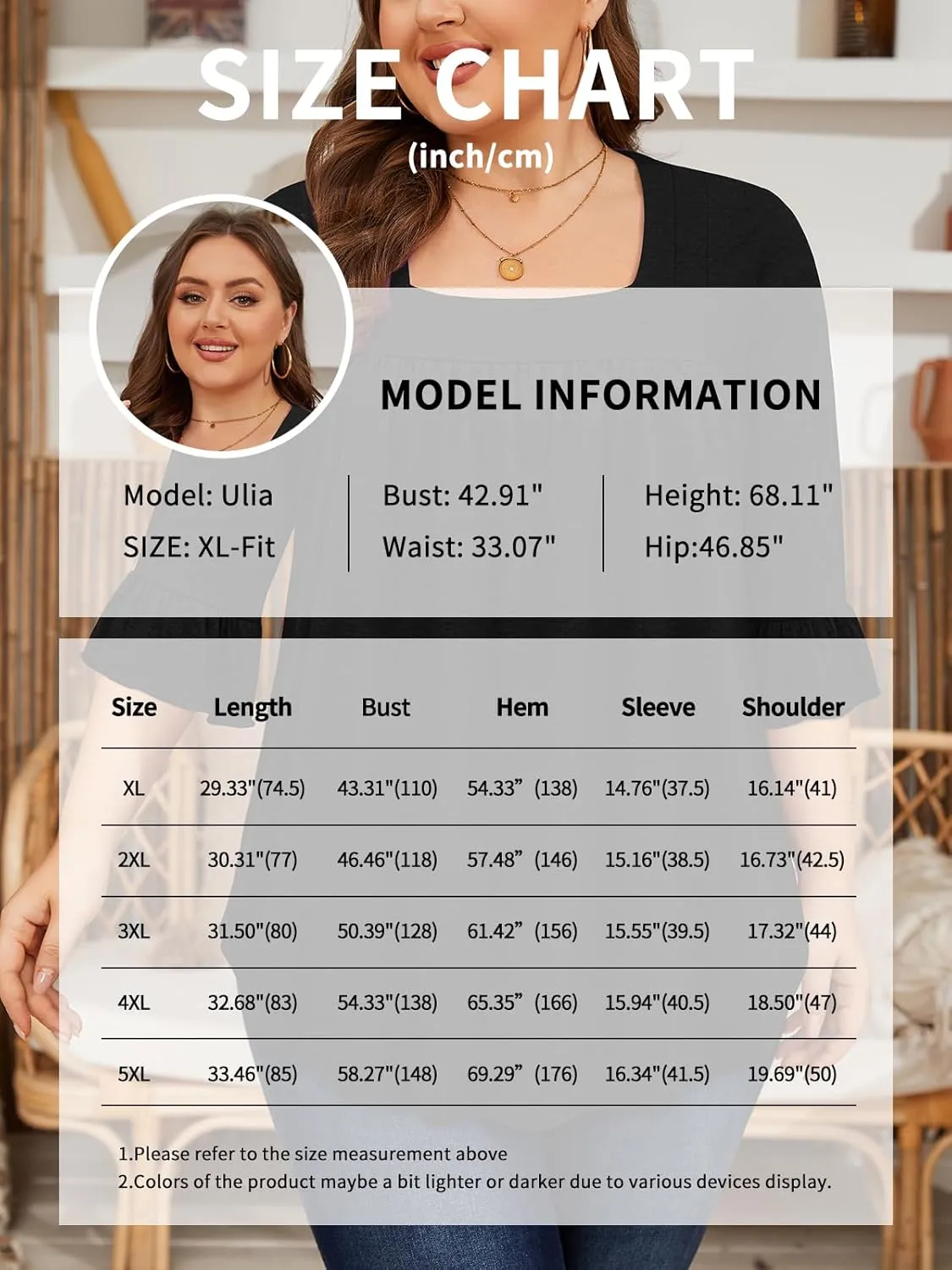 Siddhe Womens Plus Size Tops Loose Fit 3/4 Ruffle Sleeve Blouses Square Neck T Shirt Casual Tunic Tops(1X-5X)