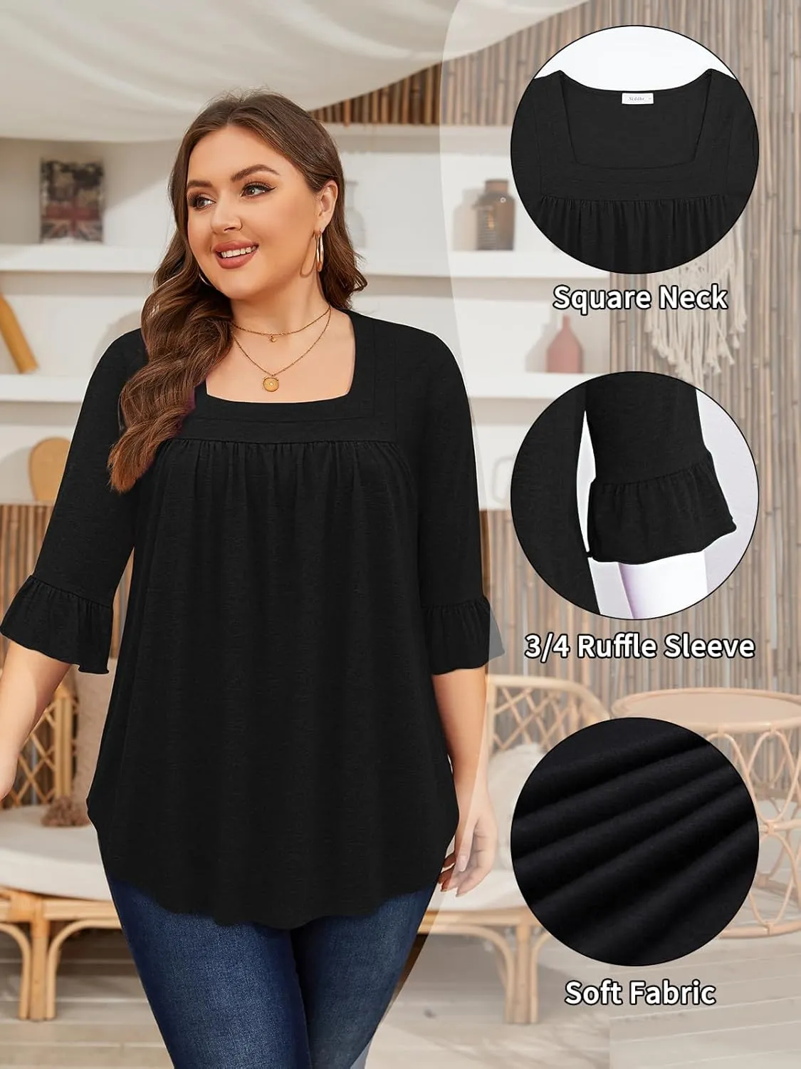 Siddhe Womens Plus Size Tops Loose Fit 3/4 Ruffle Sleeve Blouses Square Neck T Shirt Casual Tunic Tops(1X-5X)