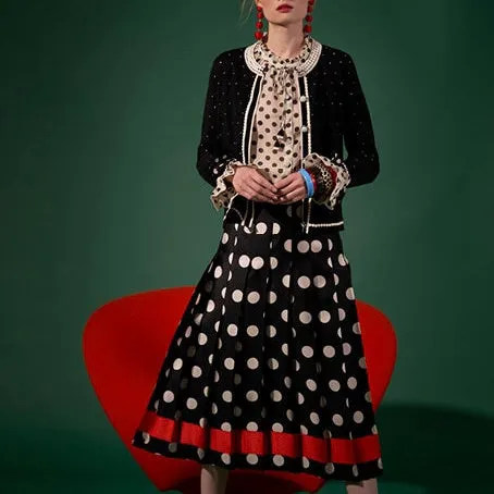 Silk Pleated Polka Dot Ankle Skirt - Black   Ivory