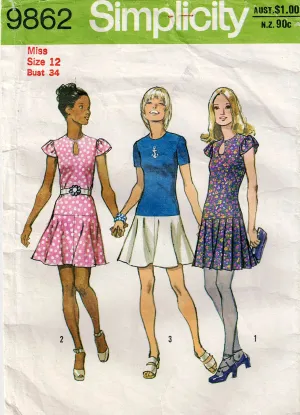 Simplicity 9862 Womens Drop Waisted Mini Dresses 1970s Vintage Sewing Pattern Size 12 Bust 34 inches